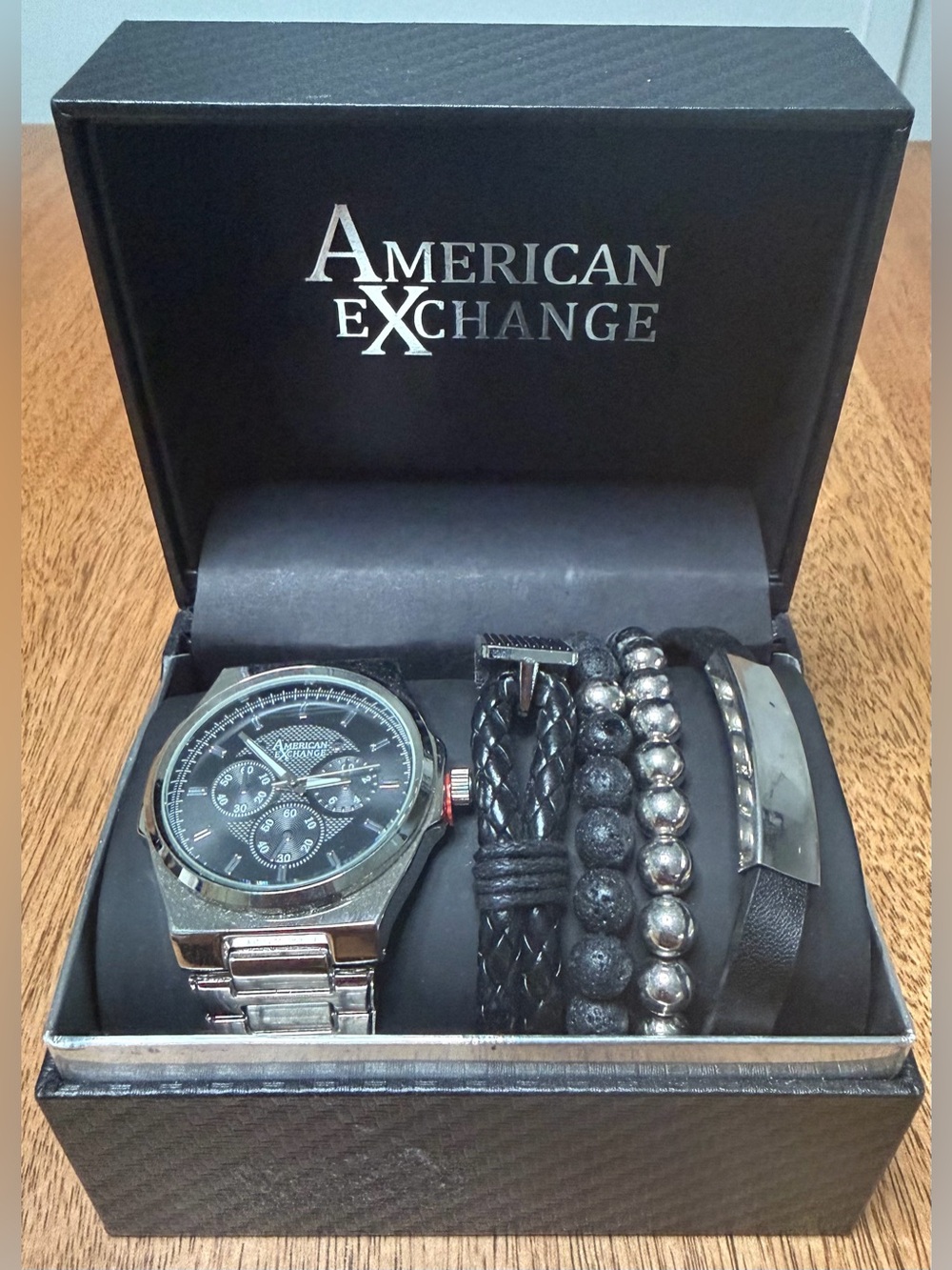 American Exchange Men's Shiny Sliver Watch with 4 Bracelets Set 45mm Gift Set